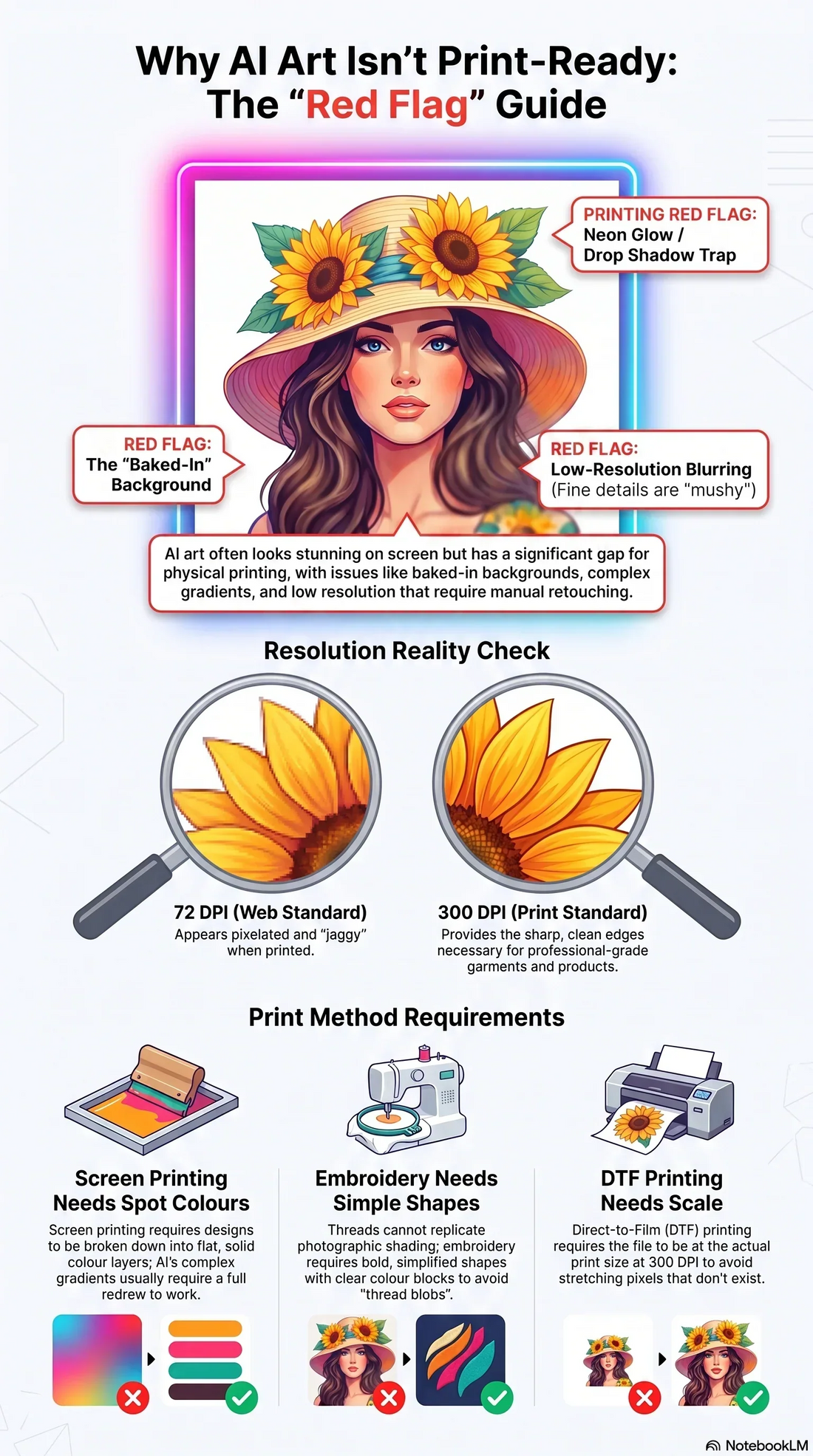 AI art printing red flags including low resolution, backgrounds, gradients and glow effects