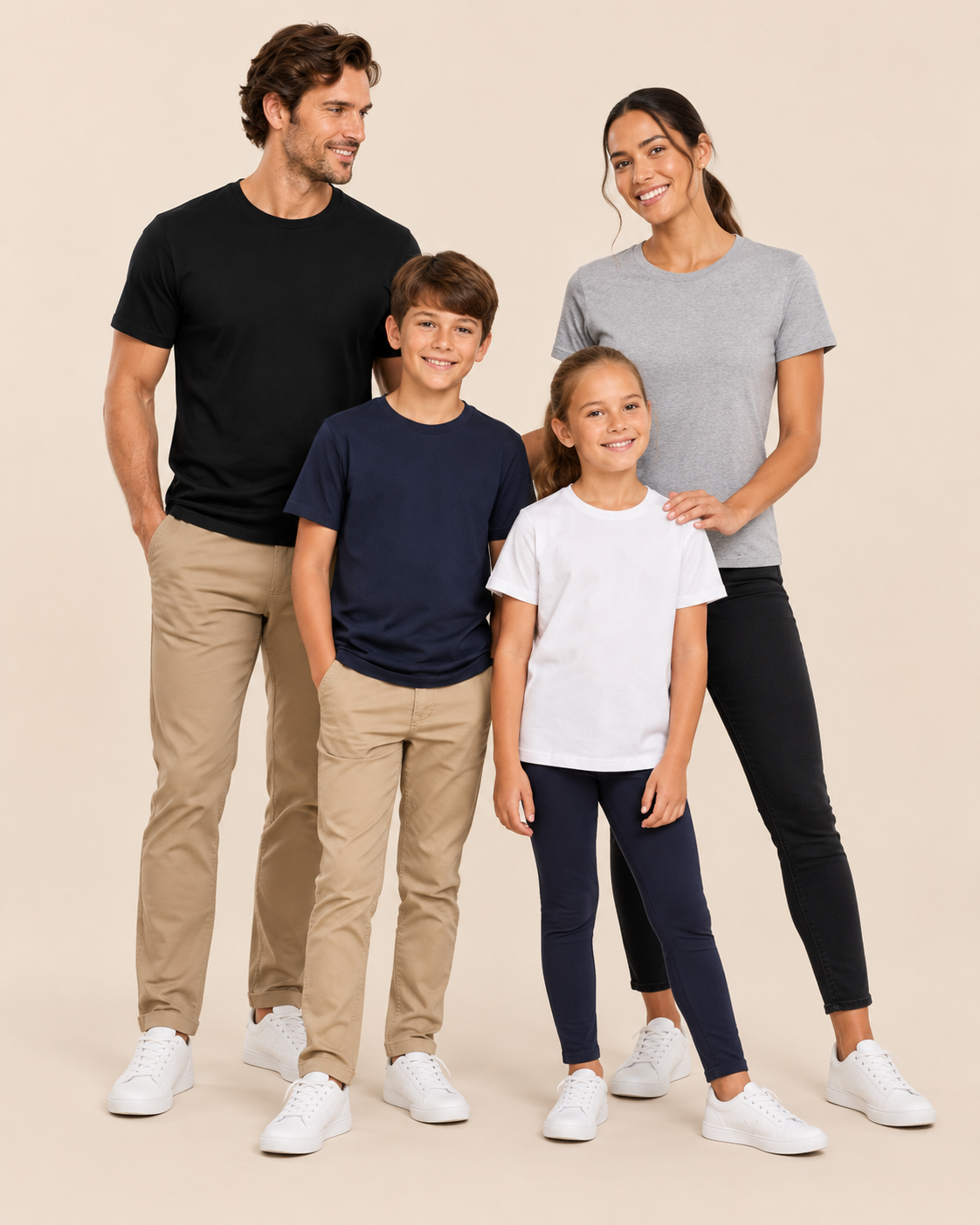 Men, women and children wearing plain T-shirts