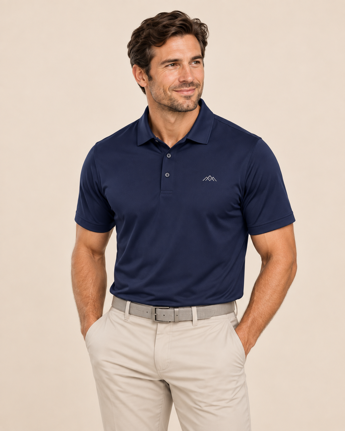 Man wearing mens golf shirt with custom logo branding