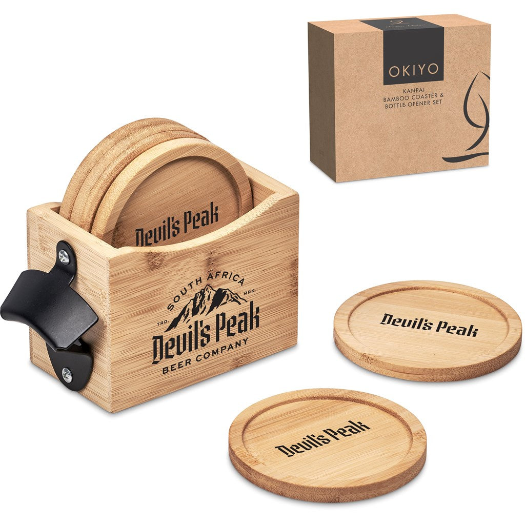Okiyo Kanpai Bamboo Coaster & Bottle Opener Set