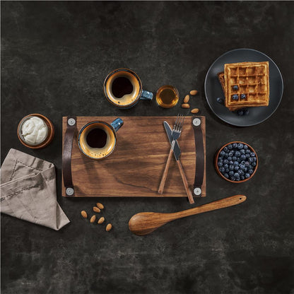 Serendipio Large Farm Style Wooden Tray with Leather Straps